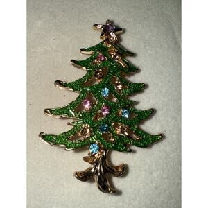 NWT Fashion Green Sparkly Christmas Tree Crystal Accents 2" x 1 1/4" Brooch Pin